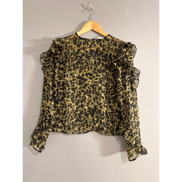H&M Green and Black Leopard Sheet Blouse with Rufflesm - Picture 1 of 8